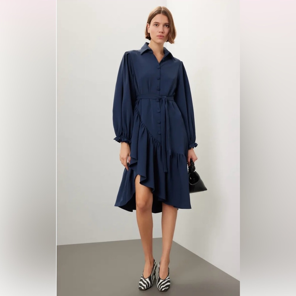 Osman Yousefzada Twill Ruffle Dress Navy Blue Womens Size 4 Original Retail $490